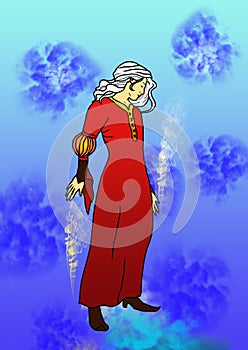 New year art illustration of woman winter in a red dress with white hair conjures and prepare for the new year