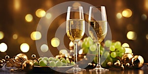 new year background banner with green grapes and glass of champagne with, golden christmas bokeh lights at the background