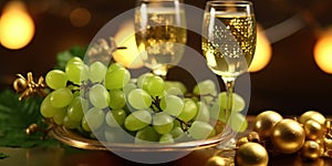 new year background banner with green grapes and glass of champagne with, golden christmas bokeh lights at the background