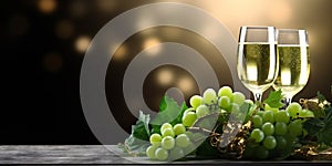 new year background banner with green grapes and glass of champagne with, golden christmas bokeh lights at the background