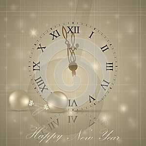 New year background with clock and christmas balls. The clock strikes twelve. Card or invitation.