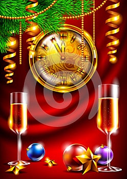 New Year background with a clock and glasses of champagne