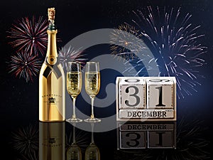 New Year background with fireworks and champagne
