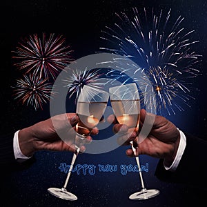 New Year background with fireworks people toasting