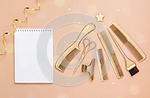 New year background with Golden hair salon accessories. t