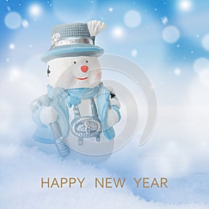 New Year background, happy snowman in winter secenery with copy space. Card.