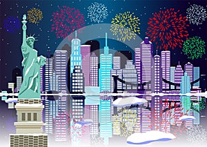 New Year background New York city with fireworks. Cityscape Building Line new york city and firework art Vector