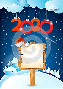 New year background by night with Santa hat, sign and text