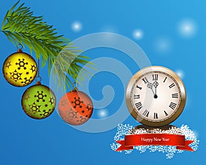 New year background with red christmas balls and vintage clock. Vector illustration