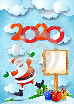 New year background with sign, funny Santa and text