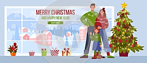 New Year background with window, mother, father, daughter. Christmas family illustration