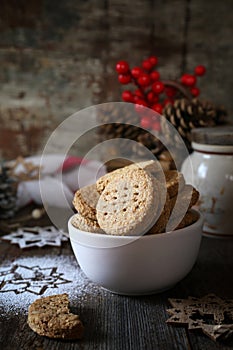 New Year baking. Crispy oatmeal cookies. Rustic style, new year decoration