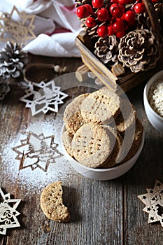 New Year baking. Homemade crispy oatmeal cookies. Rustic style, new year decoration