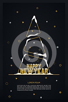 New Year Banner with Abstract Outline Tree and Snow