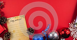 New year banner border from attributes and postcard bottom frame, top view, red background