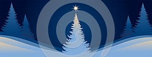 New Year banner. Christmas tree on the background of the night landscape. Vector flat illustration.