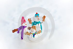 New Year banner. Funny group of snowmen family in stylish hat and scarf on snowy field. New Year greeting card. Happy