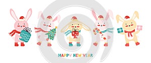 New year banner with a group happy baby rabbits in Santa hat with a Christmas tree, gifts, and candy cane. Christmas funny cartoon