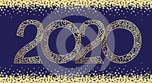 New Year banner with hand-drawn pattern of numbers 2020 and flying confetti. Golden vector ornament on a dark blue background.