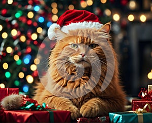 New Year banner. red cat in a Santa hat with gifts against the background of New Year\'s lights.