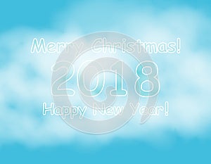 New Year banner template with Christmas balls. Blue background with bokeh, snow, fog and snowflakes. Silver frame