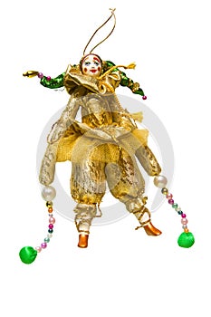 New year beautiful vintage old toy clown in golden costume on white background