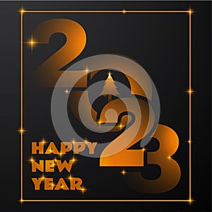 2023 New Year black minimal poster with fly gold orange numbers and tree with text. Greeting card. Vector