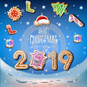 2019 New Year on the blue background with set of Christmas cookies