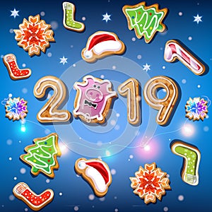 2019 New Year on the blue background with set of Christmas cookies