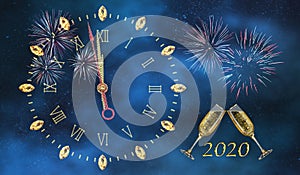 New Year blue background with fireworks and midnight clock