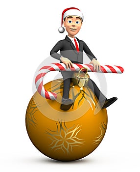 New Year businessman sitting on Christmas toys with candy