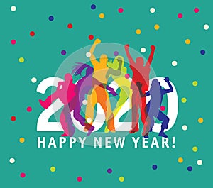 New year card 2020 symbol young group happy people color silhouette