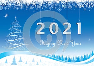 New Year card 2021 with Christmas tree on the background of winter landscape with fir trees and snowflakes. Vector illustration