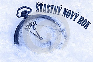 New year card 2021,Happy New Year 2021 greeting in Czech language, Stastny novy rok text, countdown to midnight