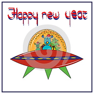 New Year card with aliens in a spaceship