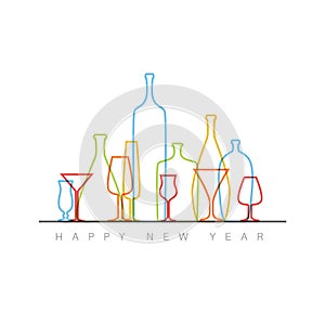 New Year card with bottles and glasses