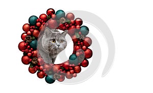 New Year card with cat peeking out of a Christmas red shiny wreath isolated on white background. British cat in Christmas