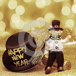 New Year card with Champagne bottle en hat