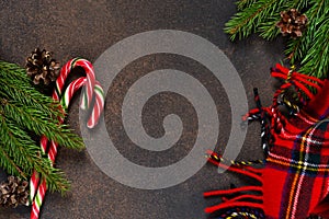 New Year card. Christmas tree with cones and candies