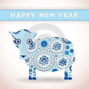 2015 new year card with cute blue sheep. Happy new year. Greeting card. Floral blue pattern. vector