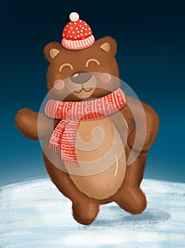 New Year card with cute brown beart. Merry christmas and happy new year illustration.