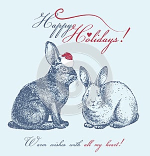 New Year card with cute bunnies