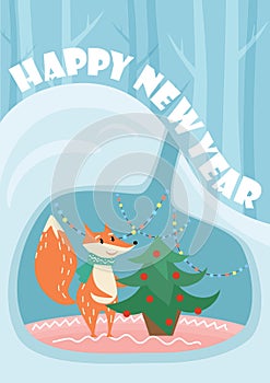 New Year vector card with cute fox and decorated fir tree in lair. photo