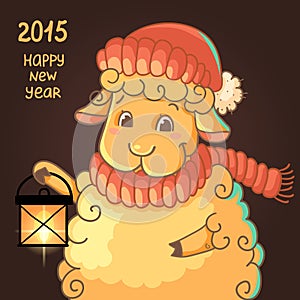 New Year Card with cute lamb in hat
