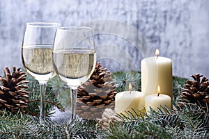New Year card design with two glass-wine, candles and christmas