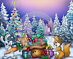 New year card with funny animals and a bag of gifts on the background of the winter forest