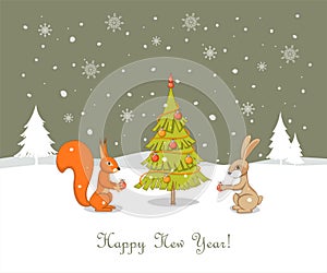 New Year card with happy toys rabbit and squirrel decorating fir-tree