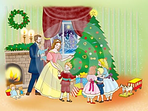 New Year card,Illustration Children, Christmas tree.