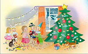 New Year card,Illustration Children, Christmas tree.