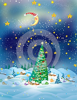 New Year card,Illustration Children, Christmas tree.